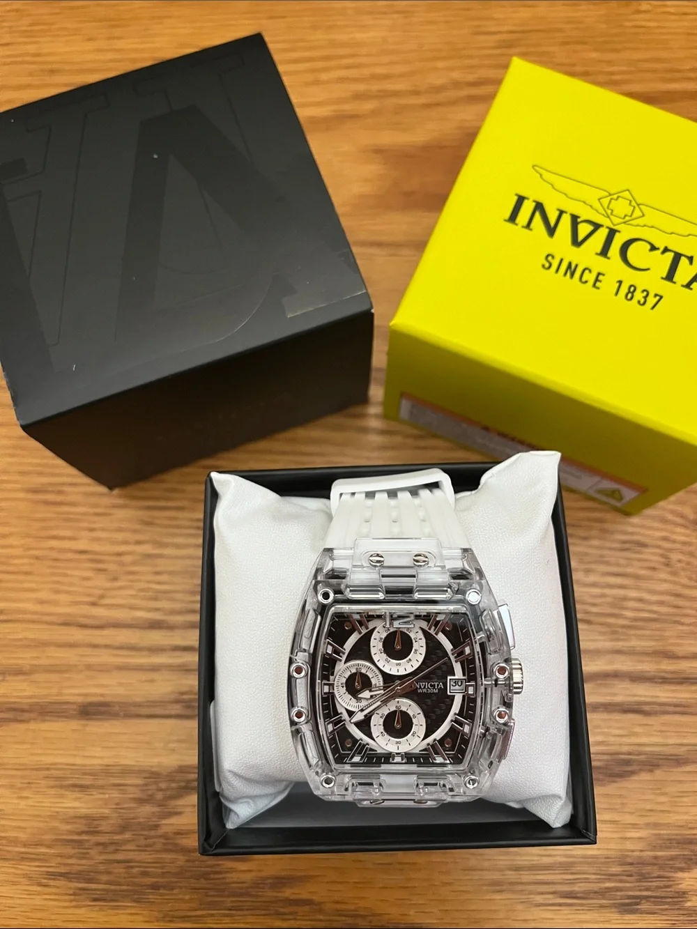 Invicta Transparent Case Watch - Black Dial, White Strap